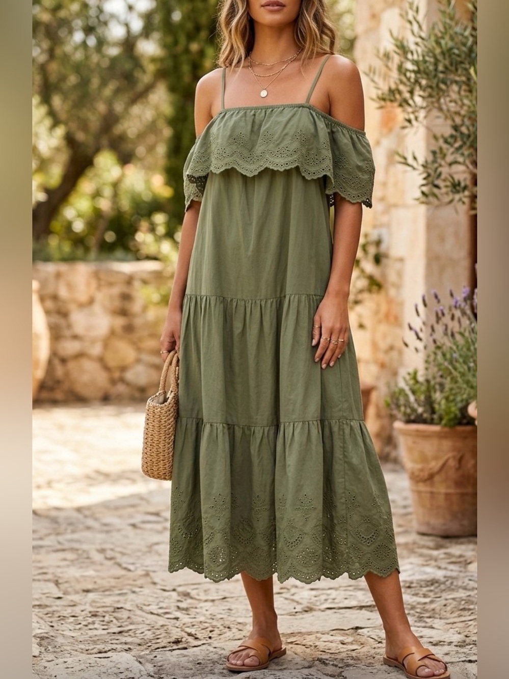 Old Navy Cotton Olive Green Off Shoulder Ruffle Midi Dress Size Large Boho